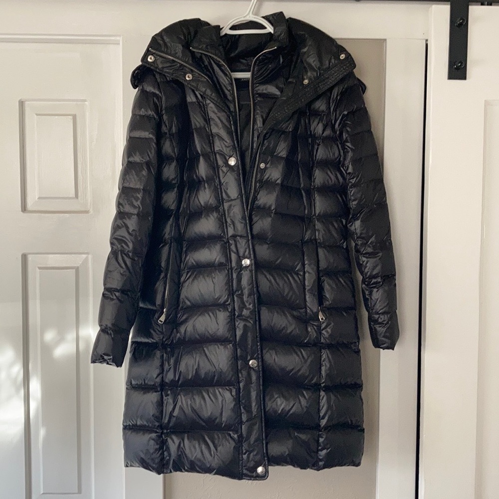 Black Down Puffer Coat with Fur Trim Size Medium